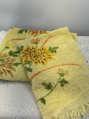 Vintage Retro Cannon‎ Printed Floral MCM Fringe Bath Towel 3 Piece Set